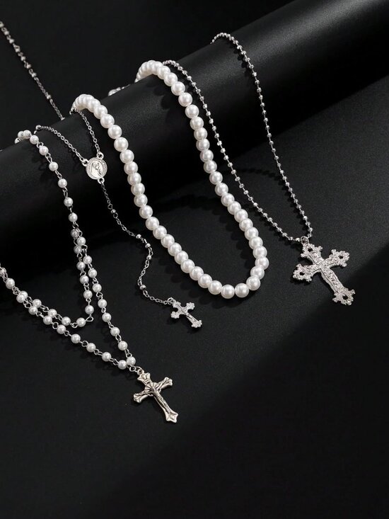 Silver Layered Cross Necklace Set For Women, 4Pcs Pearl Rosary Choker Chunky Chr - Picture 2 of 8